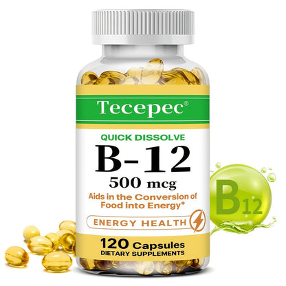 Vitamin B12 500mcg Capsules 120 Count for Women Men for Bath Time, Home Spa and Personal Care
