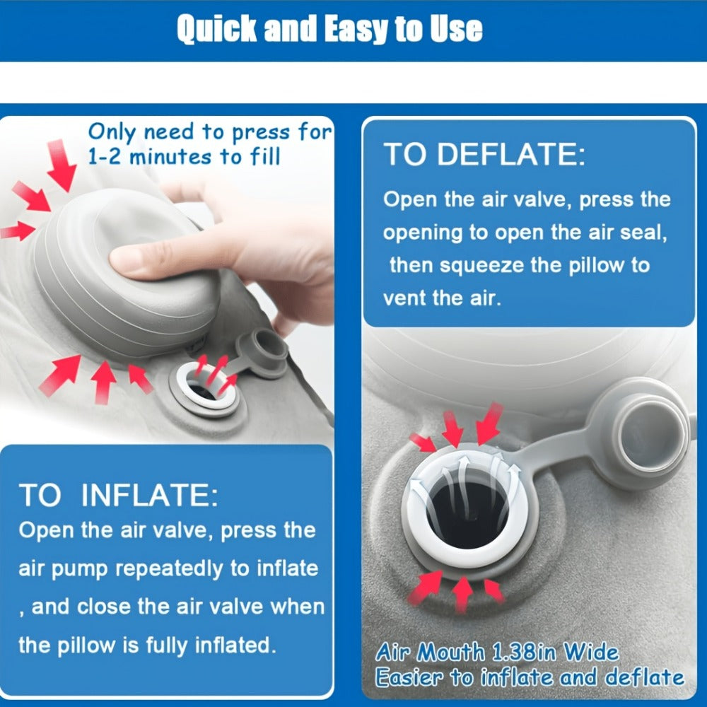 Inflatable Travel Neck Pillow Press to Inflate Foldable Design for Airplane Office Camping Gray Blue