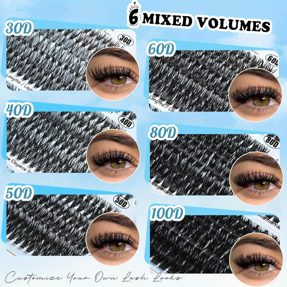 Complete 720-Piece Handmade Cluster Lash Kit with Glue & Tweezers, 30D to 100D, 6 Styles & Lengths