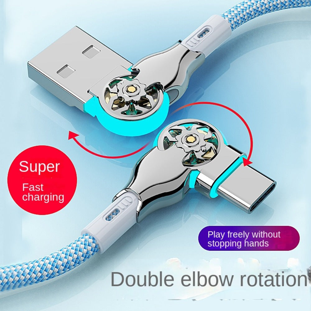 Double-Elbow USB-C to USB-C Cable with Rotating Right-Angle Connectors, Blue LED Accents and 2 m Length