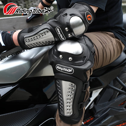 Motorcycle Knee & Elbow Pads 4pcs Set – Stainless Steel Shell Protective Gear, Adjustable Hook & Loop Fit for Motorcycle Riding Cycling