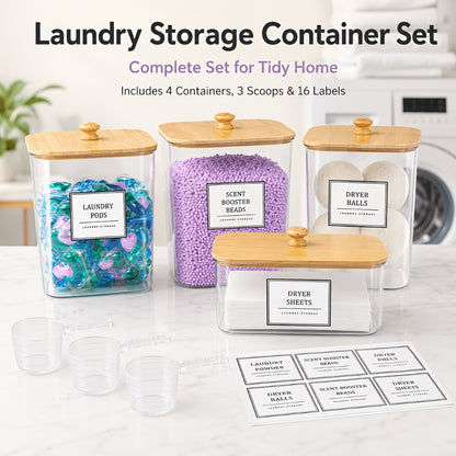 Laundry Pods Container & Dryer Sheet Holder Set with Bamboo Lids, Clear Laundry Room Organization Containers for Scent Booster, Powder