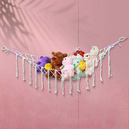 Stuffed Animal Storage Hammock with Lights Corner Hanging Toy Net Organizer for Nursery for Entryways, Bedrooms and Living Spaces