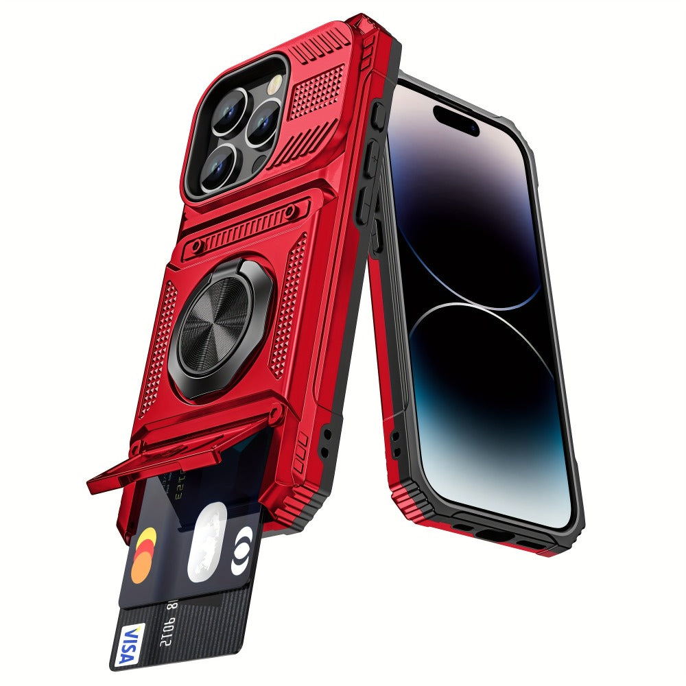 Phone Case Dual-Card Hard Shell Cover with 360-Degree Ring Kickstand for Select iPhone 14, 16 and 17 Models