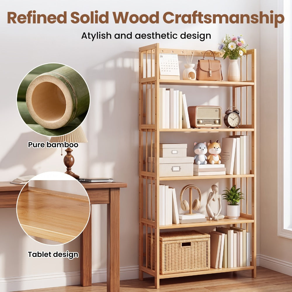 Bamboo Bookshelf Narrow 4 Tier Adjustable Shelves Wooden Bookcase Storage Shelf Organizer for Entryways, Bedrooms and Living Spaces