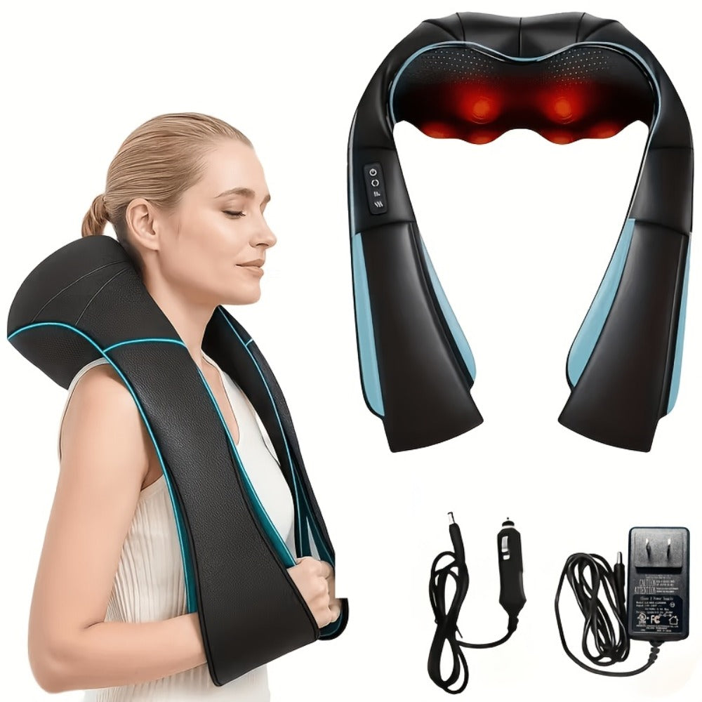 Black Shiatsu Neck and Shoulder Massage Pillow with Heat, 8 Kneading Rollers, 15-Minute Auto-Off and Home or Car Power