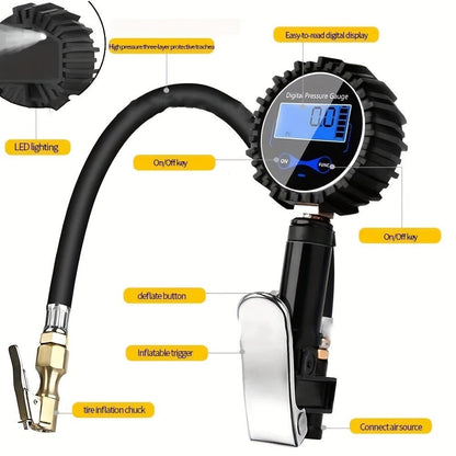 Digital Tire Inflator with Pressure Gauge 200 PSI – Cast Aluminum Pistol Grip Air Chuck, LCD Backlight, 4 Units (PSI/BAR/KPA/KGF)