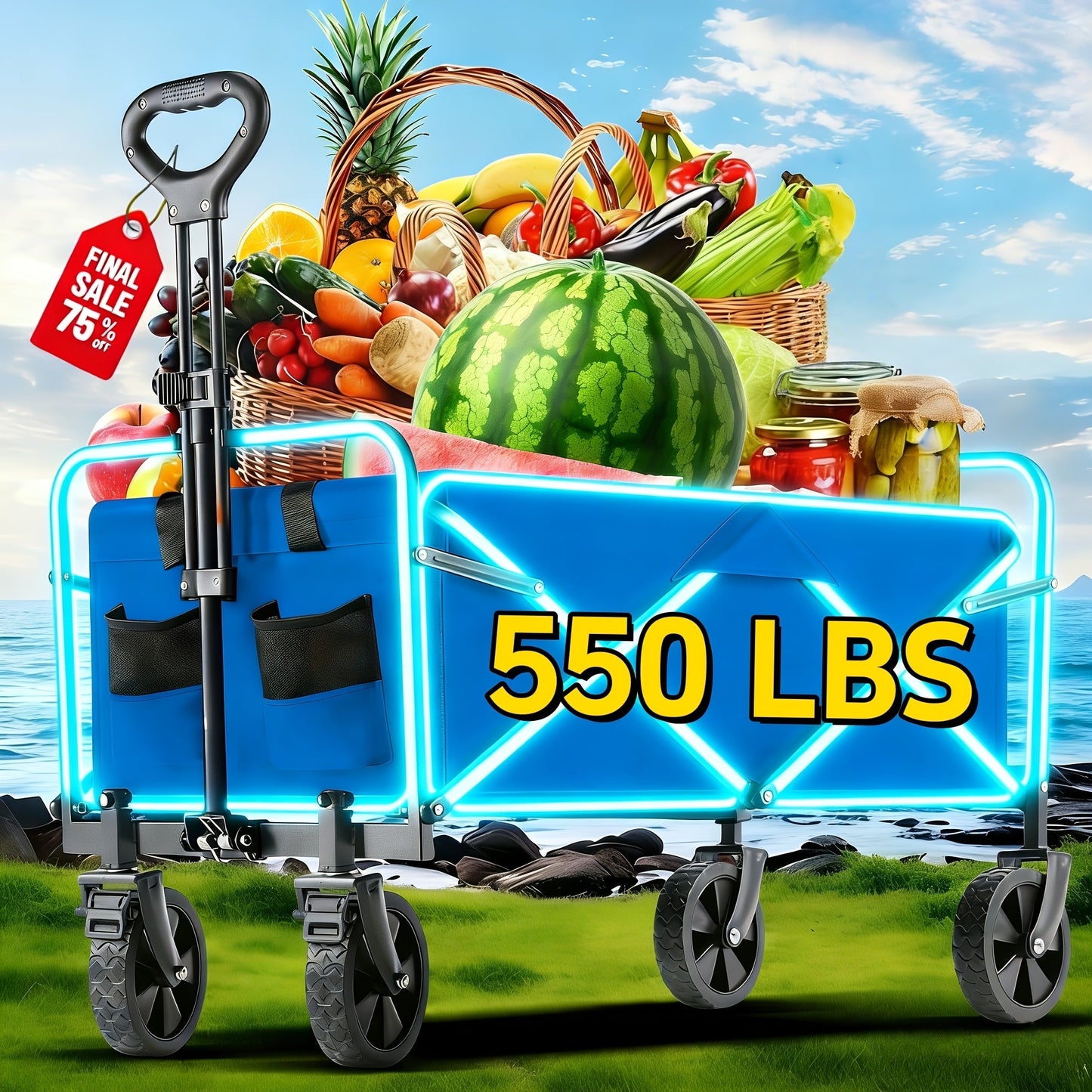 Folding Wagon, Garden Cart Beach Wagon Camping Utility Outdoor Cart for Garden, Patio and Yard Use