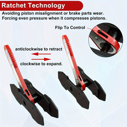 Brake Caliper Piston Compression Tool 360° Swing Ratchet – Single Dual 4-Piston Fixed Floating Disc Brake Calipers, Alloy Steel, 2 Spacers