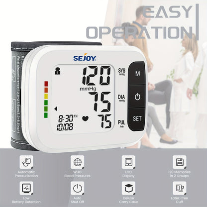Blood Pressure Monitor by SEJOY, Wrist LCD Device with Included Strap and Battery Color Options