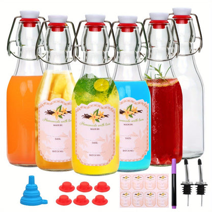 Glass Swing Top Bottles 8.45oz, Round Iron Clasp Airtight Bottle Set with Funnel for Juice, Kombucha