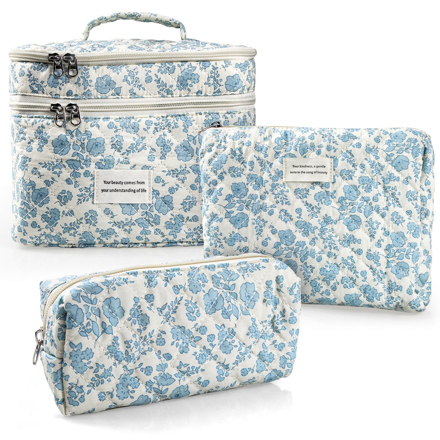 Quilted Floral Makeup Bag Set 3PCS Large Capacity Dual Layer Cotton Cosmetic Bags Coquette Aesthetic Travel Toiletry Organizer Gift