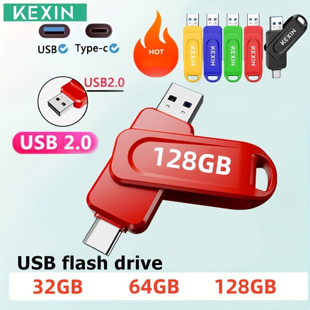 USB Flash Drive KEXIN 2-in-1 Rotating USB-C and USB-A Memory Stick in Five Colors, 32GB to 128GB