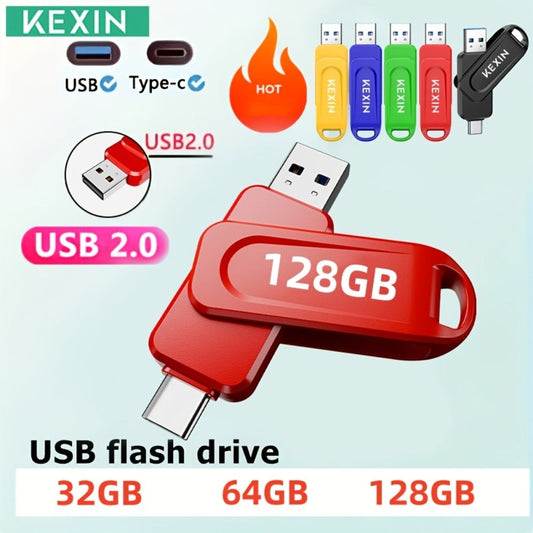 USB Flash Drive KEXIN 2-in-1 Rotating USB-C and USB-A Memory Stick in Five Colors, 32GB to 128GB