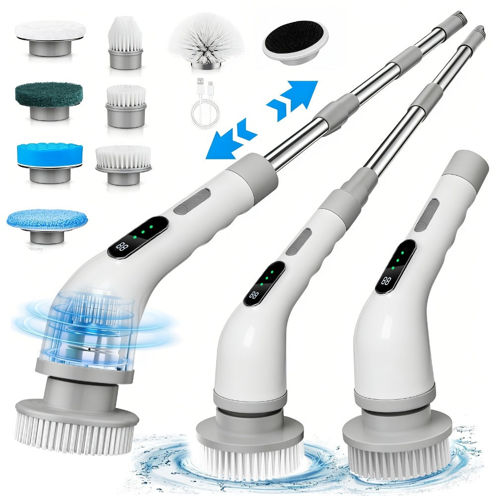 Electric Spin Scrubber with 7 Brush Heads & Adjustable Handle, Dual-Speed Cordless Power Scrubber for Bathroom