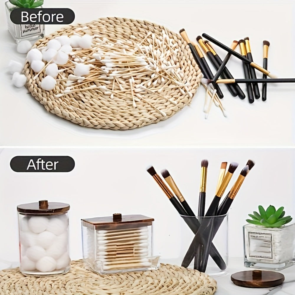 Three-Jar Clear Glass Storage Set with Two Round Jars, One Square Jar and Dark Bamboo-Look Lids