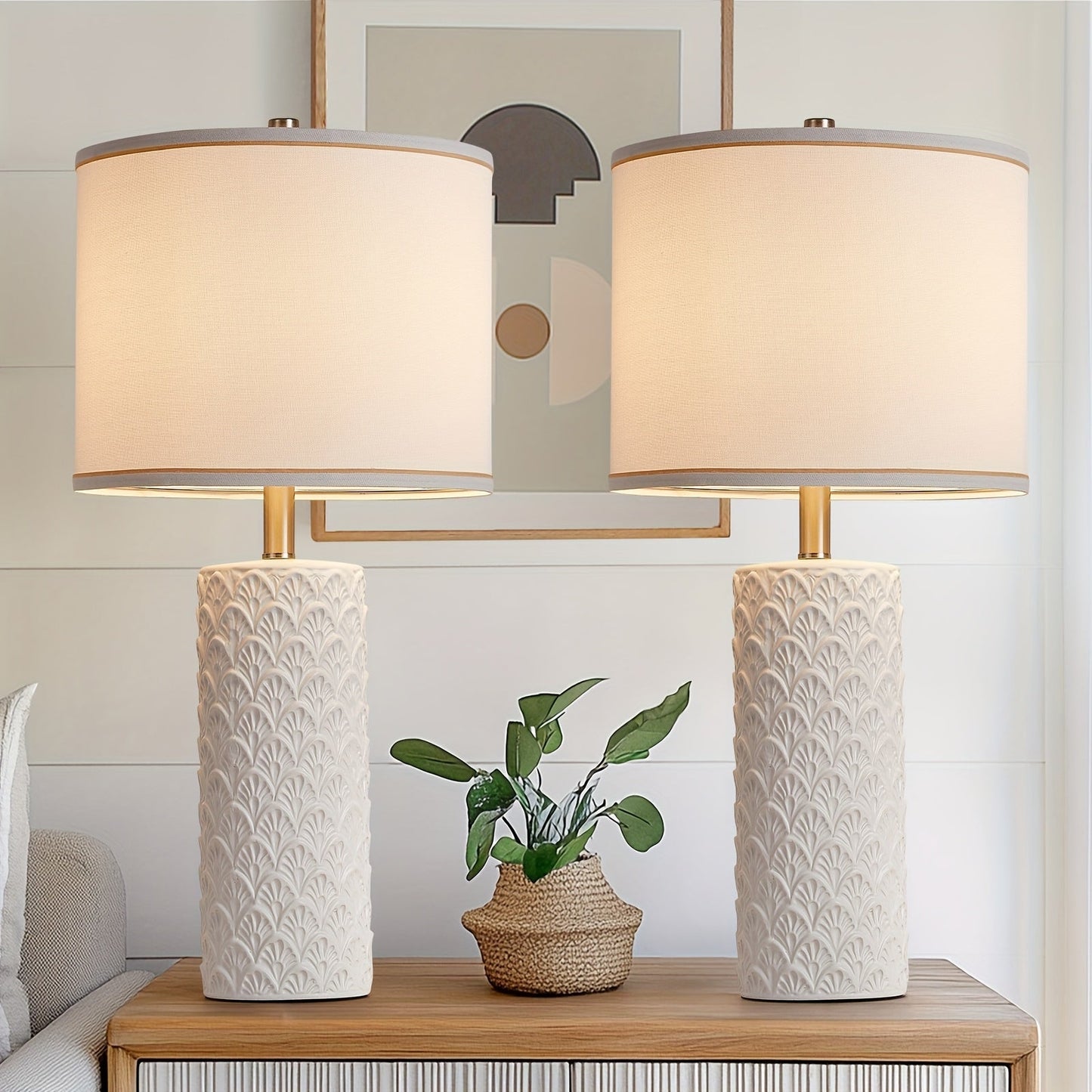 Table Lamp with Ceramic Textured Base, Drum Shade, 9W LED Bulb, Five Colors and Three Color Temperatures