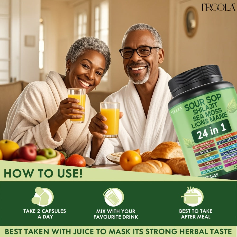 24-in-1 Daily Wellness Capsules with Soursop, Shilajit, Sea Moss & Lion's Mane, 2238mg Immune & Liver Health Formula for Men & Women