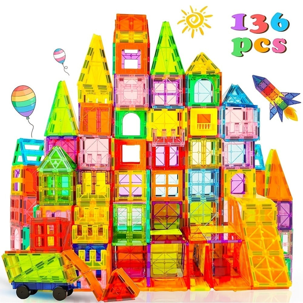 Magnetic Tiles Building Set for Kids 3 4 5 6 7 8 – 80 106 136 205pcs Clear 3D Magnet Building Blocks STEM Educational Toy Child-Safe ABS