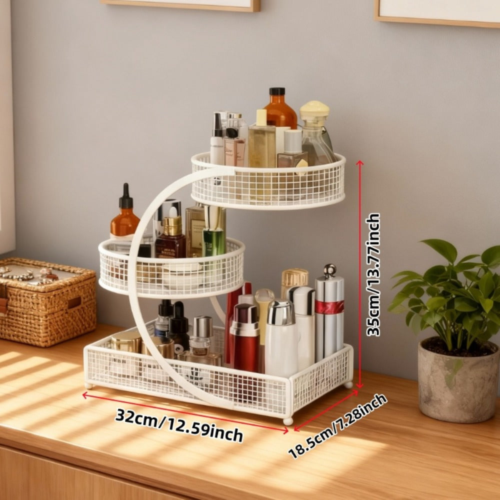 Three-Tier Metal Makeup Organizer with Round Baskets, Tissue Holder and White Iron Frame Design