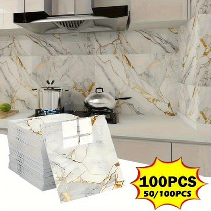 Peel and Stick Wall Tiles 50/100pcs PVC Marble Self Adhesive Vinyl Tile Stickers for Bathroom Kitchen Living Room