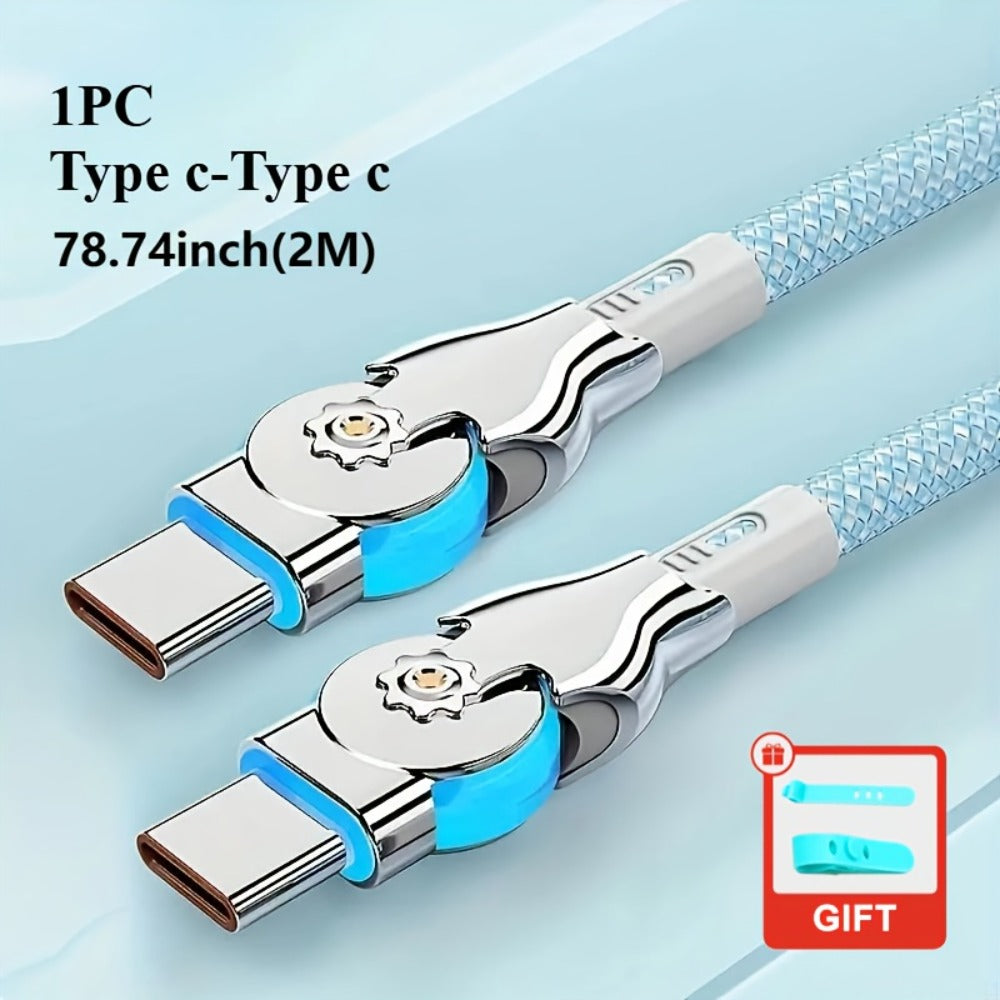 Double-Elbow USB-C to USB-C Cable with Rotating Right-Angle Connectors, Blue LED Accents and 2 m Length