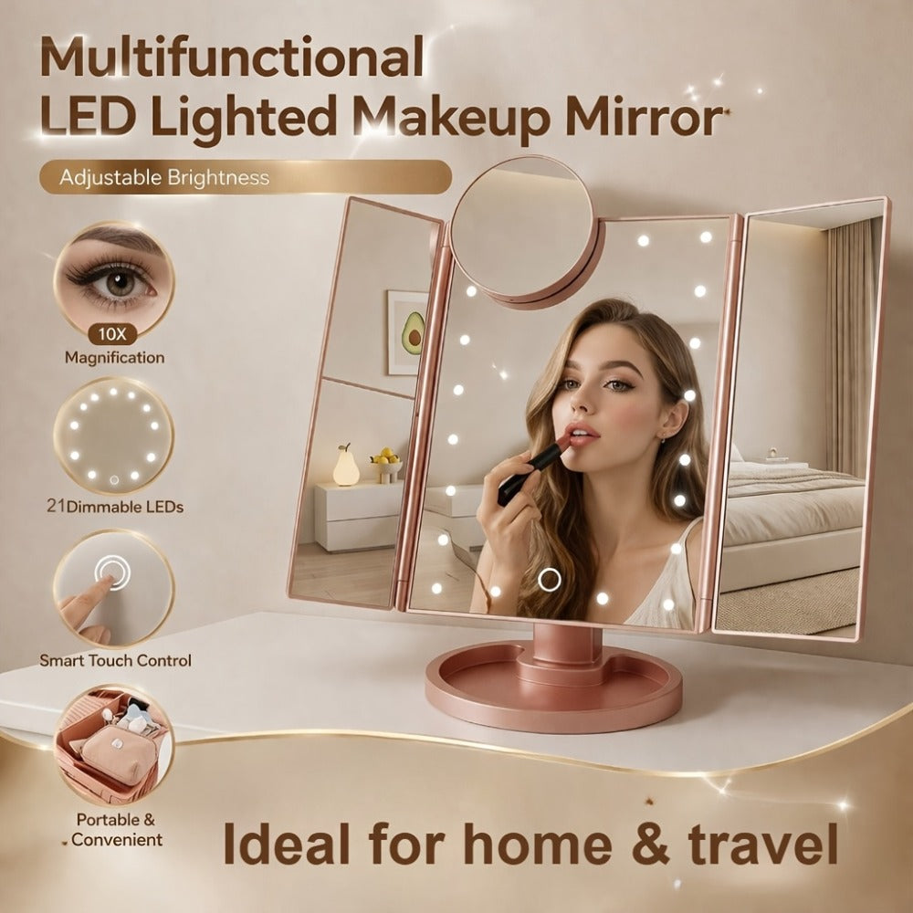 Vanity Mirror with Lights Tri-Fold 21 LED Lighted Makeup Mirror Touch Control 1X 2X 3X 10X Magnification 360 Rotation Dual Power Tabletop