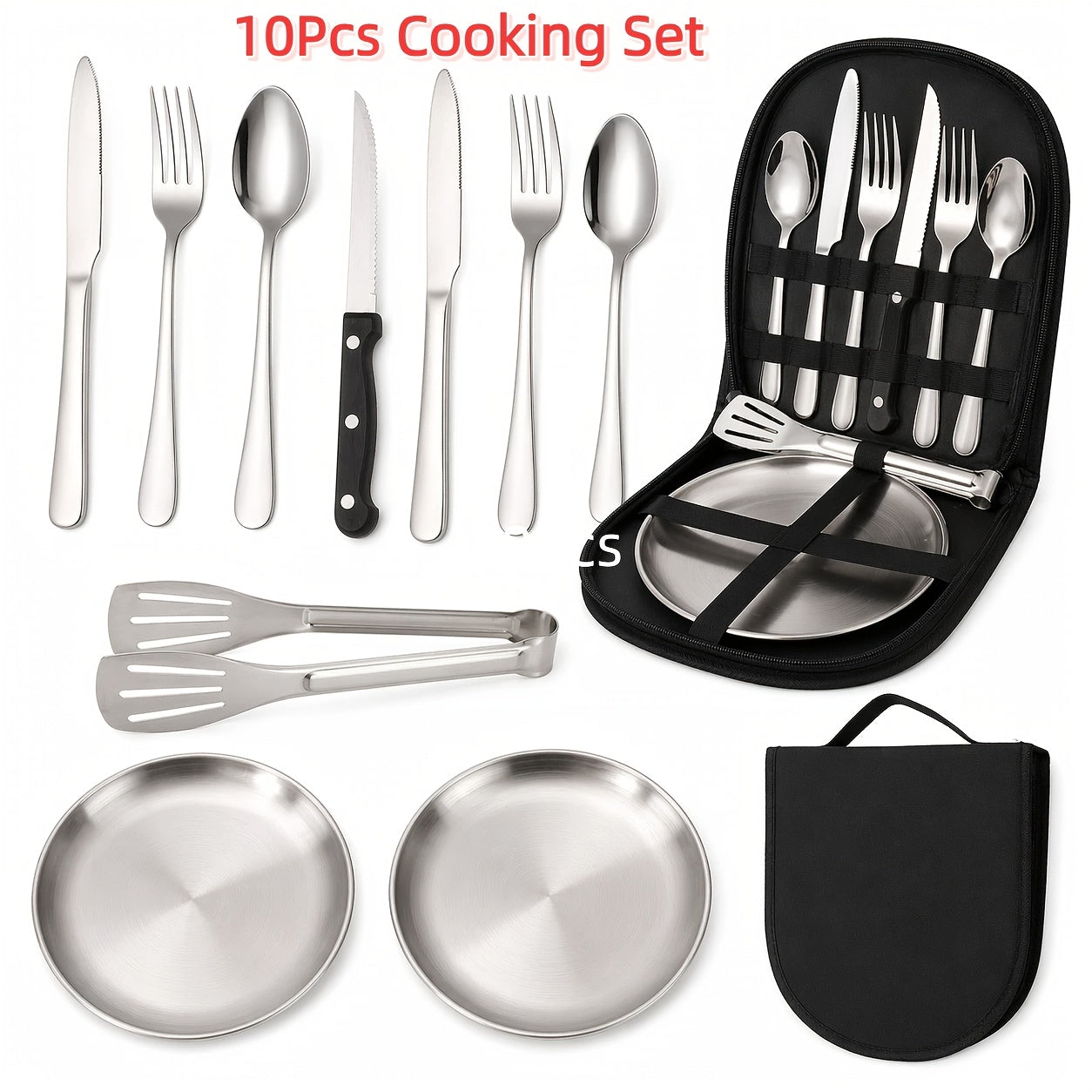 Camping Cookware Set, 10- or 27-Piece Stainless Steel Outdoor Utensil Kit with Knives, Flatware and Organizer Bag