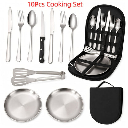 Camping Cookware Set, 10- or 27-Piece Stainless Steel Outdoor Utensil Kit with Knives, Flatware and Organizer Bag