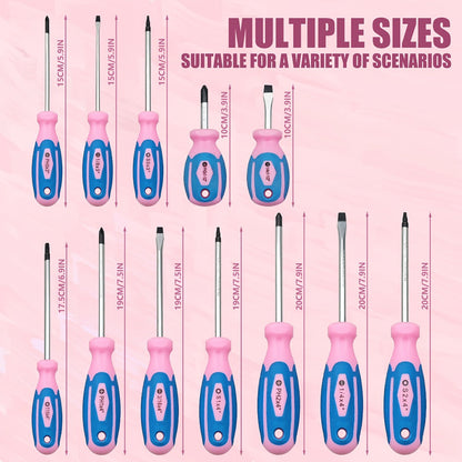 Pink 12-Piece Screwdriver Set with Slotted, Phillips and Torx Drivers in Model YW073 Configuration