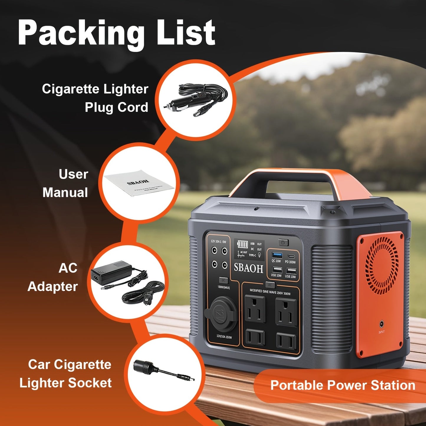 Portable Power Station 300W 296Wh – 13 Outputs, AC/USB-C PD100W/QC3.0/DC, LED Flashlight, for Camping, Road Trips