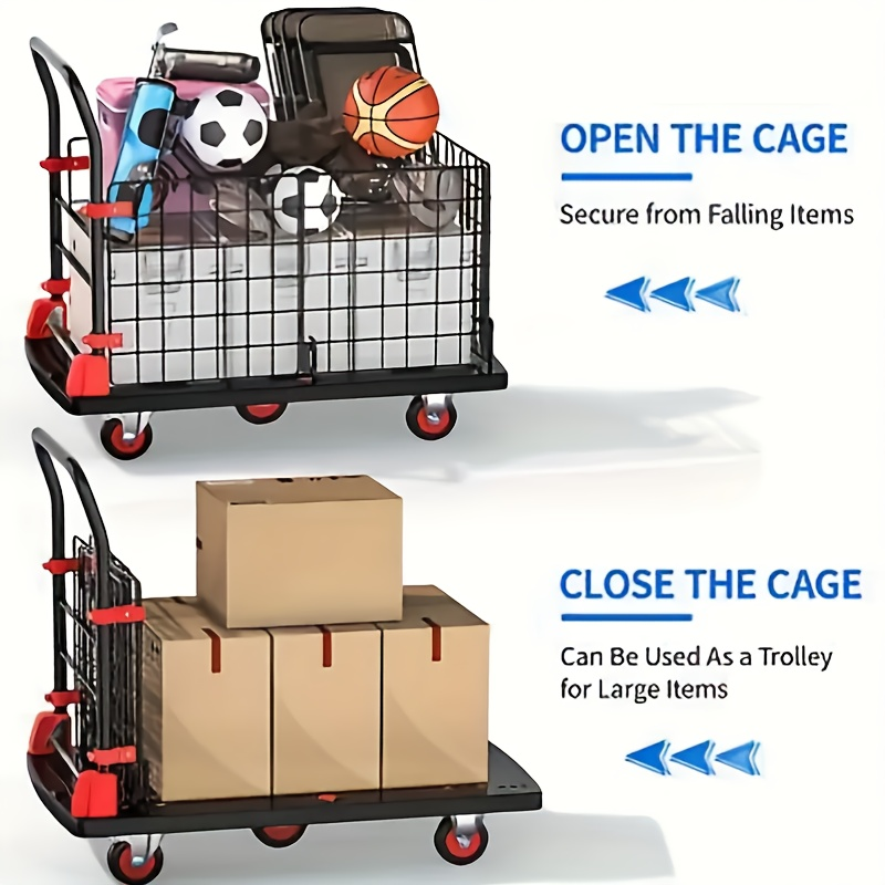 Folding Platform Cart with Removable Cage & Silent Wheels, 400-, Anti-Skid Deck, Telescopic Handle for Moving