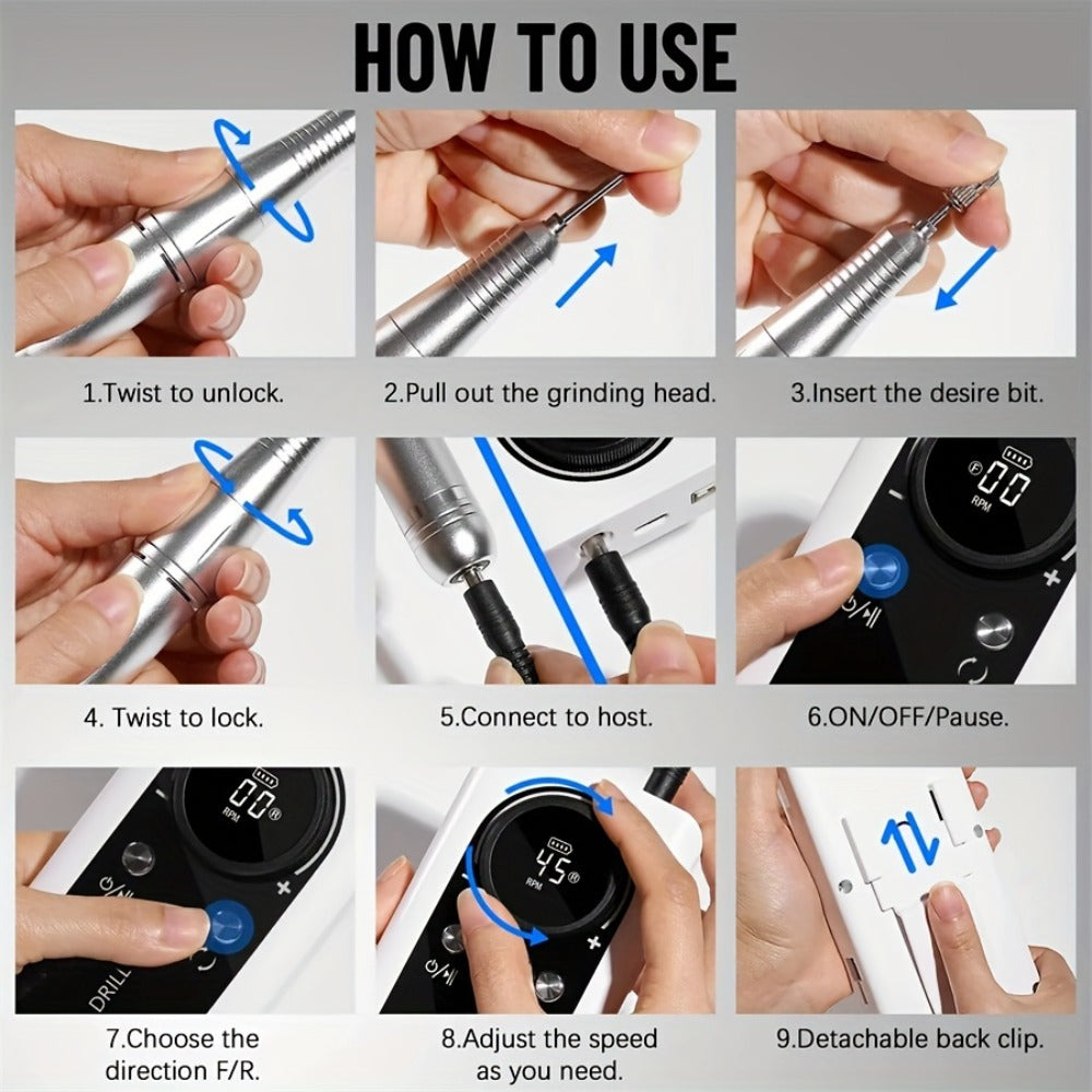 Electric Nail Drill 45000 RPM Brushless Kit with LCD Screen, 6 Bits, 6 Sanding Bands and Belt Clip