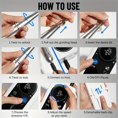 Electric Nail Drill 45000 RPM Brushless Kit with LCD Screen, 6 Bits, 6 Sanding Bands and Belt Clip