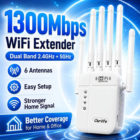 WiFi Range Extender Ourlife 1300Mbps Dual-Band 2.4/5GHz with Six Antennas and Five Color Configurations
