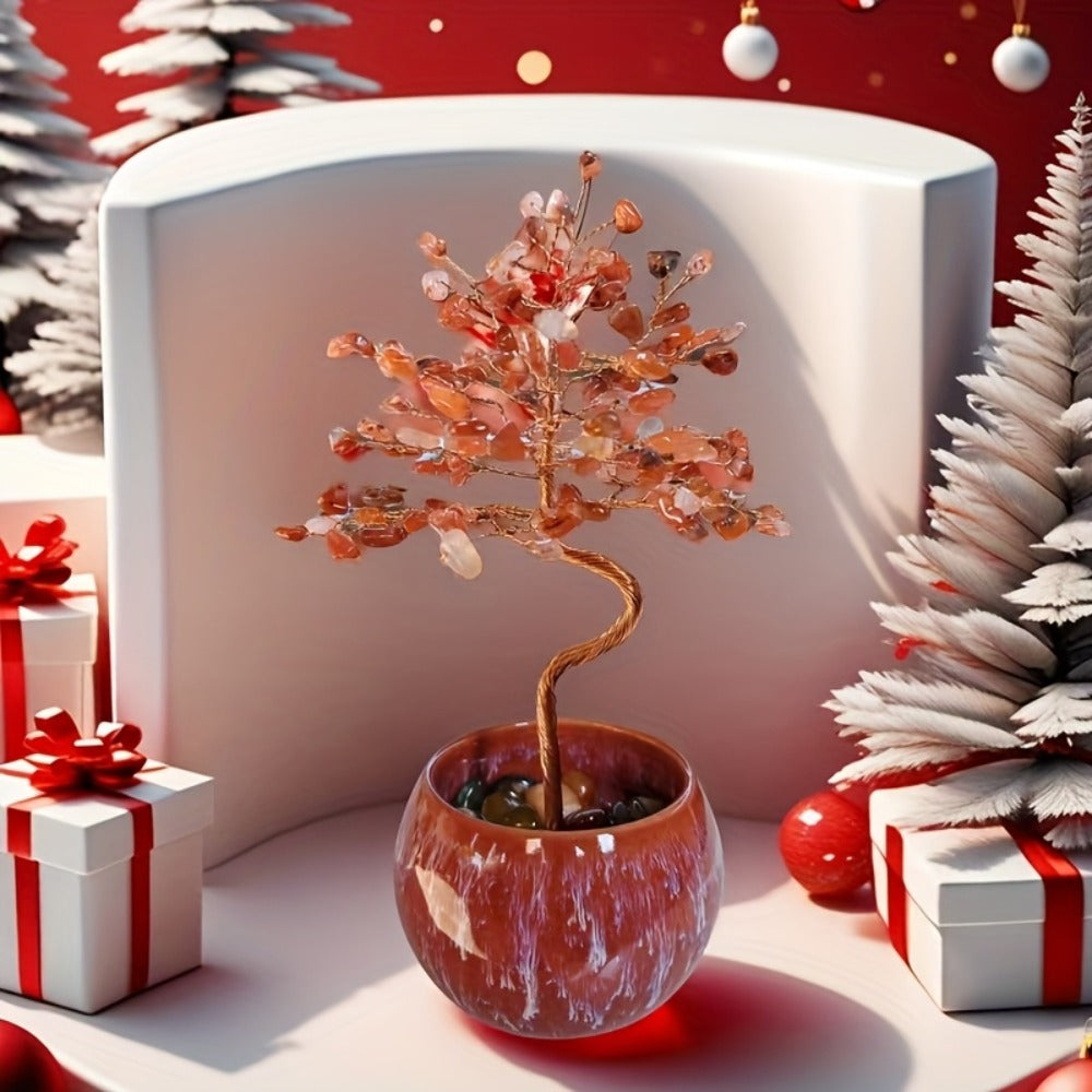 Natural Crystal Gemstone Tree with Ceramic Base 7 Inch Handmade Healing Stone Bonsai Tree for Entryways, Bedrooms and Living Spaces