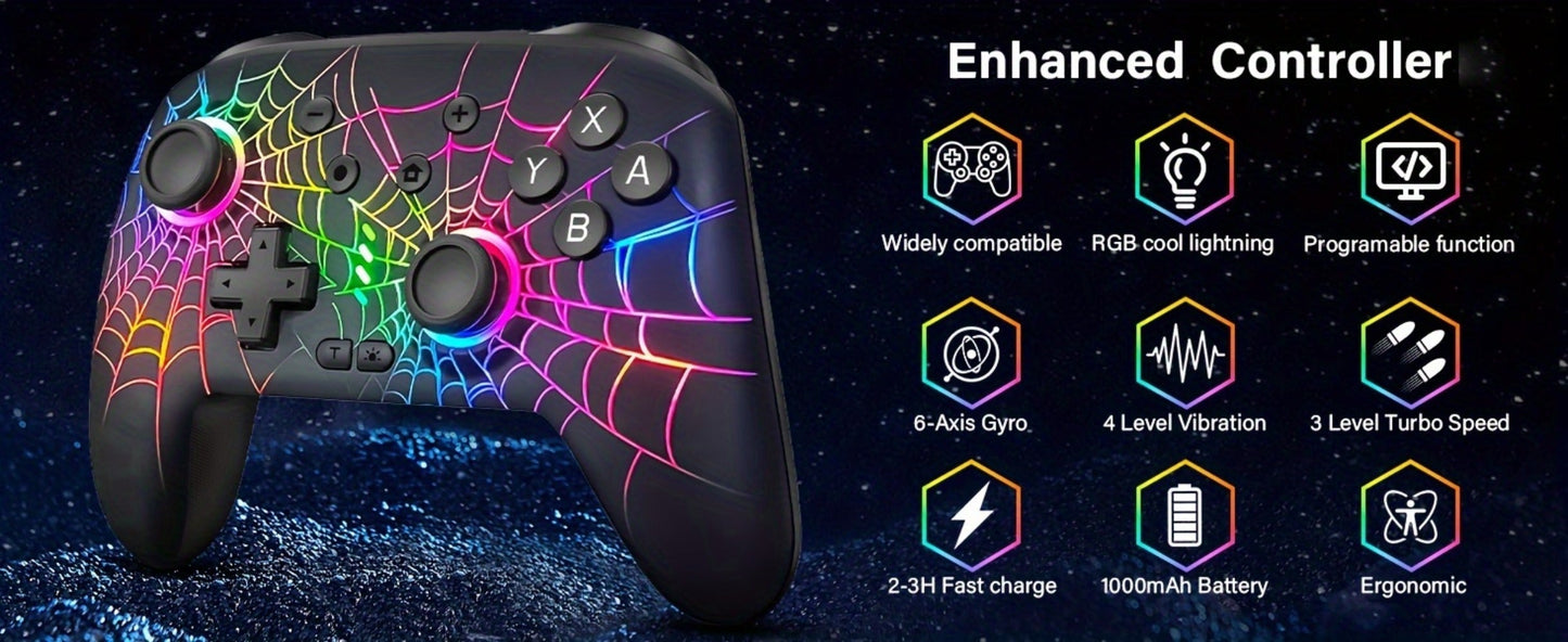 RGB Wireless Gaming Controller in Black with Spiderweb Shell, Back Buttons and USB-C Charging for Switch Systems