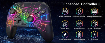 RGB Wireless Gaming Controller in Black with Spiderweb Shell, Back Buttons and USB-C Charging for Switch Systems