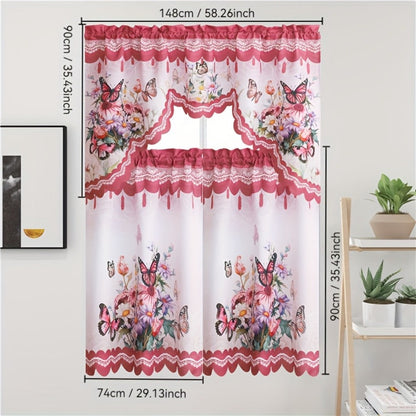 Three-Piece Butterfly Floral Window Curtain Set with Rod-Pocket Valance, Two Tiers and Four Colors