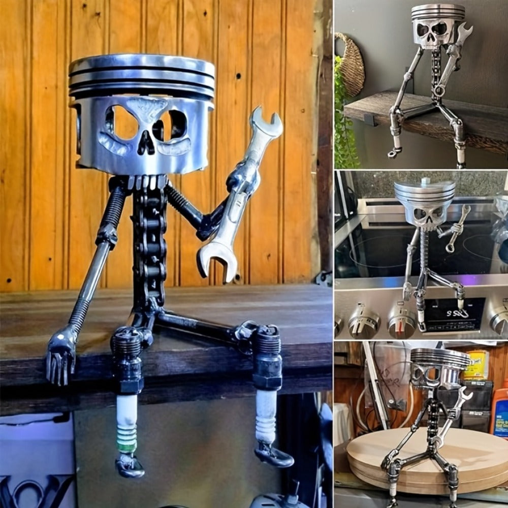 Steampunk Skull Sculpture with Wrench – Hand-Painted Mechanical Piston Gothic Decor, Resin Desk Decoration for Man Cave, Garage, Office