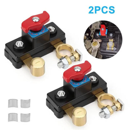 Two-Piece Battery Disconnect Switch Set with Red Rotary Levers and Clamp-Style Terminal Connections