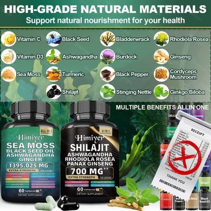 Dietary Supplement Six-Bottle Bundle with Himiyer Label, Sea Moss and Shilajit 60-Capsule Formulas