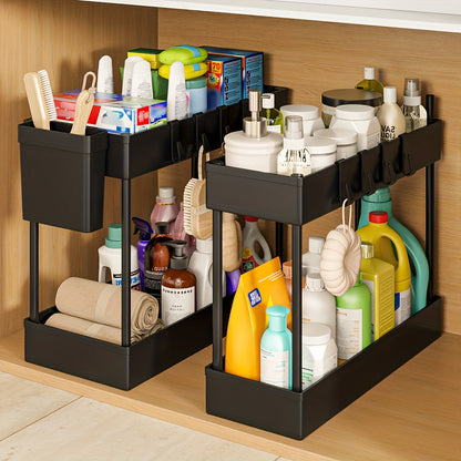 Under Sink Storage Organizer 2-Piece Double-Tier Sliding Basket with 8 Hooks in Four Color Styles