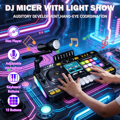 Kids DJ Mixer Toy Set with LED Lights, Microphone & Piano Keys, 100+ Sound Effects, Disco Mode, Rechargeable