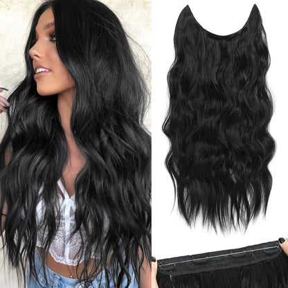 Invisible Wire Hair Extensions 22 Inch for Women – Transparent Fish Line 4 Clips Long Wavy Hairpiece for Thin Fine Hair