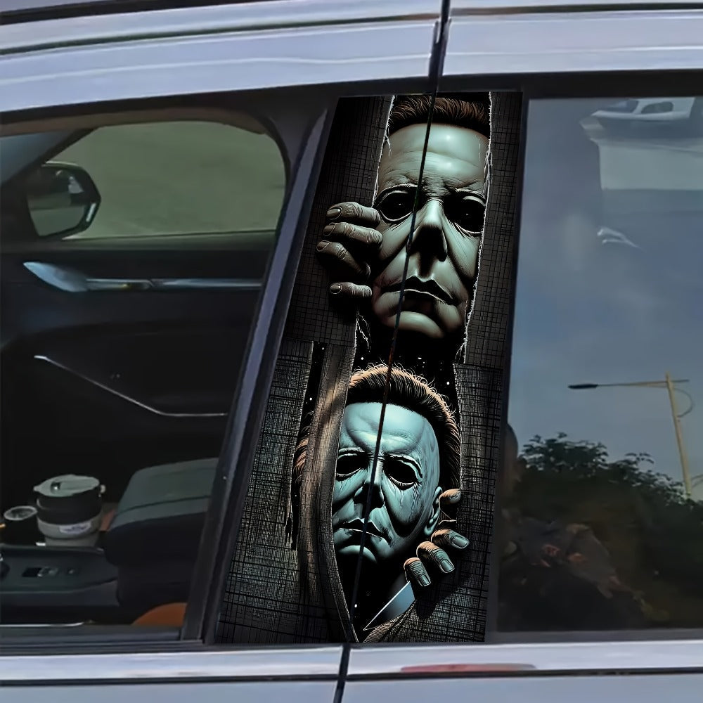 Two-Piece Masked Figure Car Window Decal Set with Stacked Black-and-Gray Horror Portrait Panels