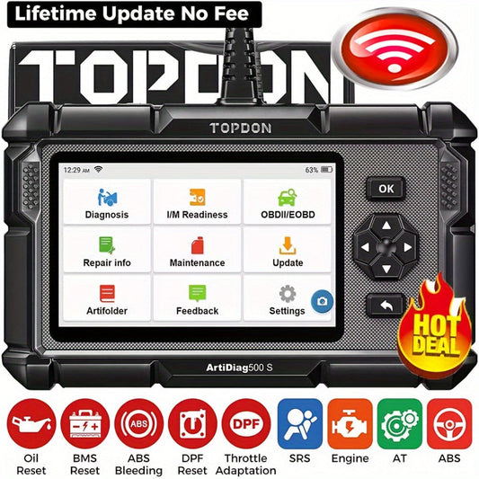 OBD2 Scanner with ABS SRS Engine Transmission Diagnostics 5 Reset Services Oil BMS DPF Throttle – TOPDON AD500S WiFi 5-Inch Touchscreen 90+
