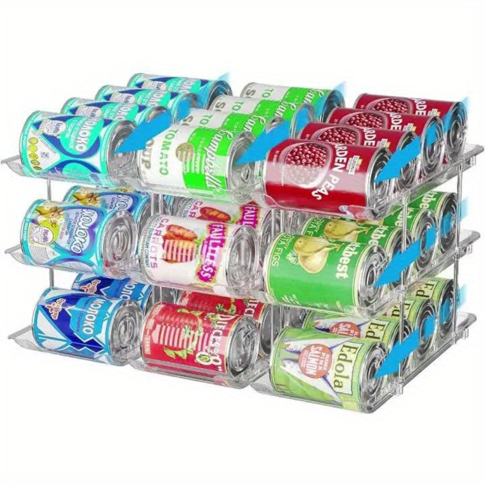 Can Storage Organizer 36-Can 3-Tier Auto-Rolling PET Rack with Assembly Detail for Pantry Use