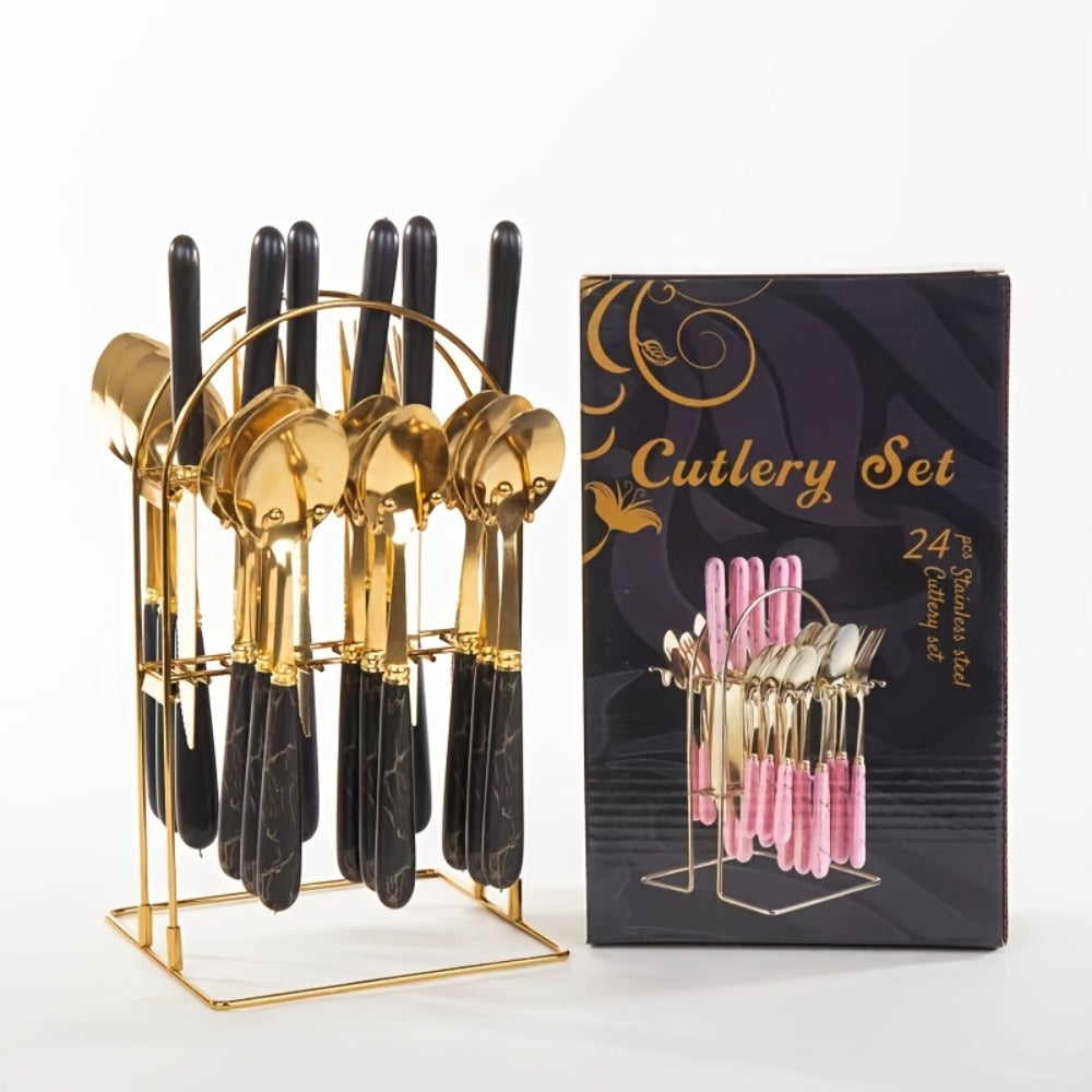 Marble Pattern Cutlery Set 24pcs – Dinner Forks Soup Spoons Teaspoons for Home Hotel Restaurant