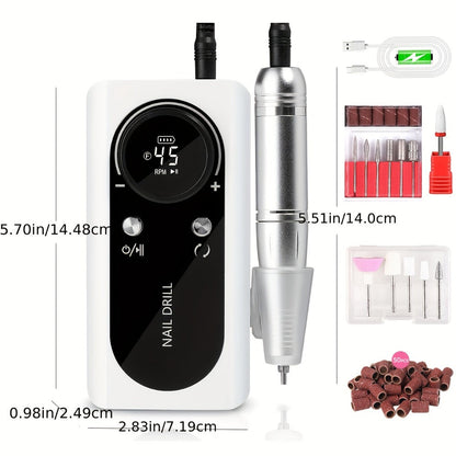 Low Noise Nail Drill Machine 45000RPM Rechargeable with LCD Display – Quiet Electric E-File for Gel Polish Acrylic Natural Nails